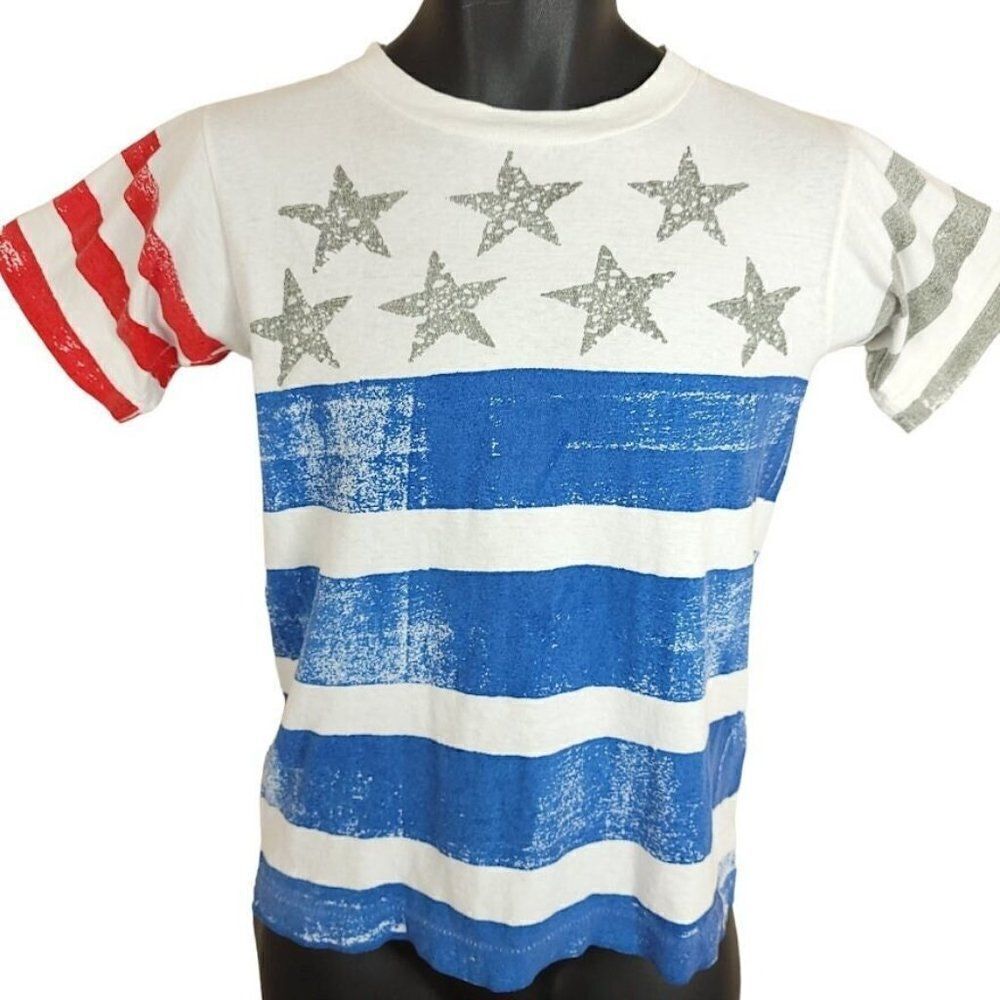 American Flag T Shirt Vintage 80s 90s All Over Print Made In USA Mens Size XS